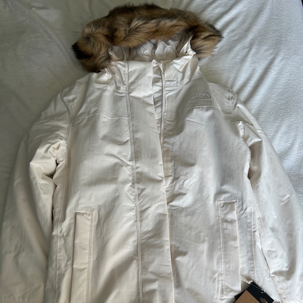 The North Face White Jacket with Faux Fur Trim